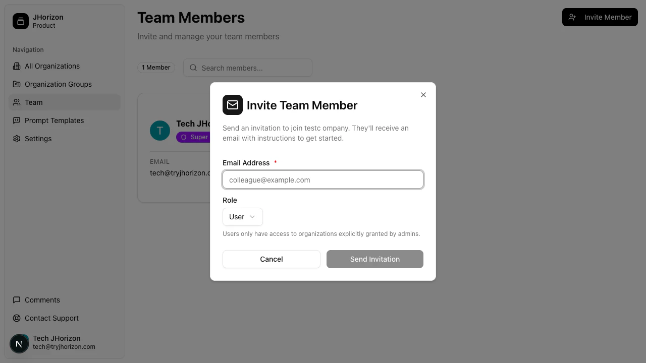 Invite modal with email and role fields