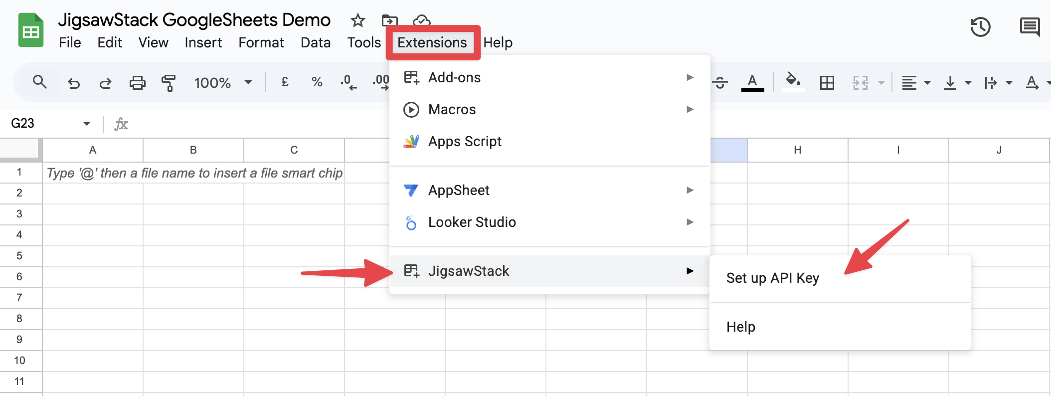 Image showcasing the setup API key on Google Sheets extension tab