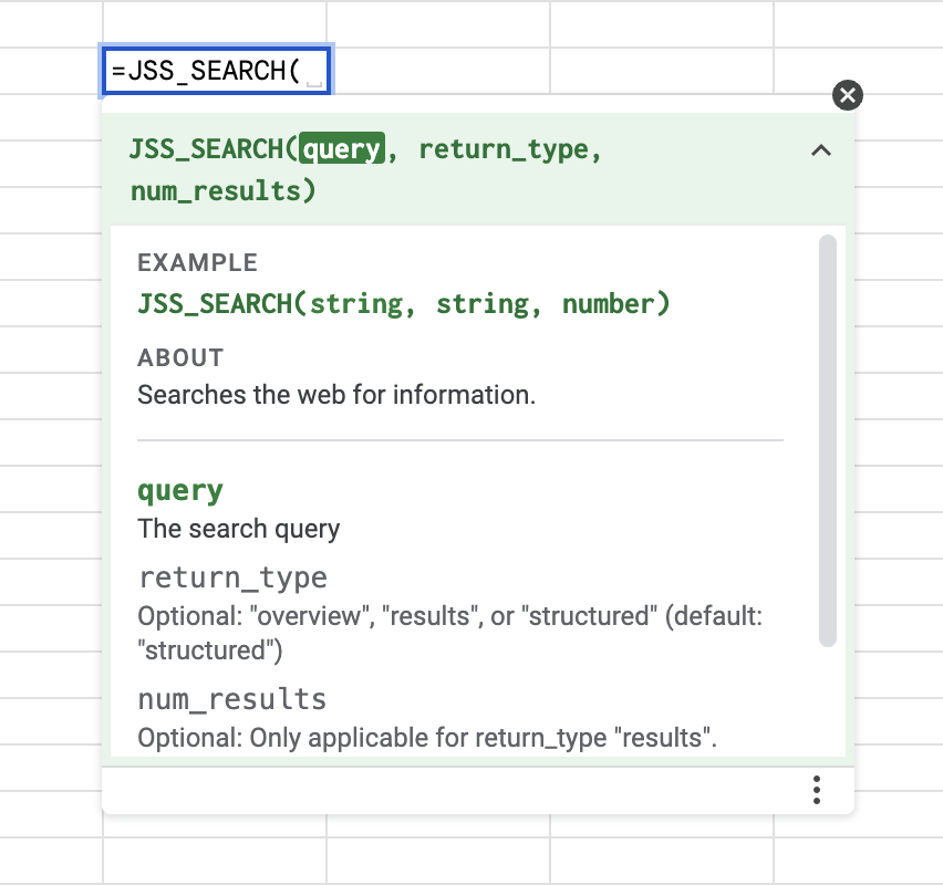 Detailed parameters for custom functions
