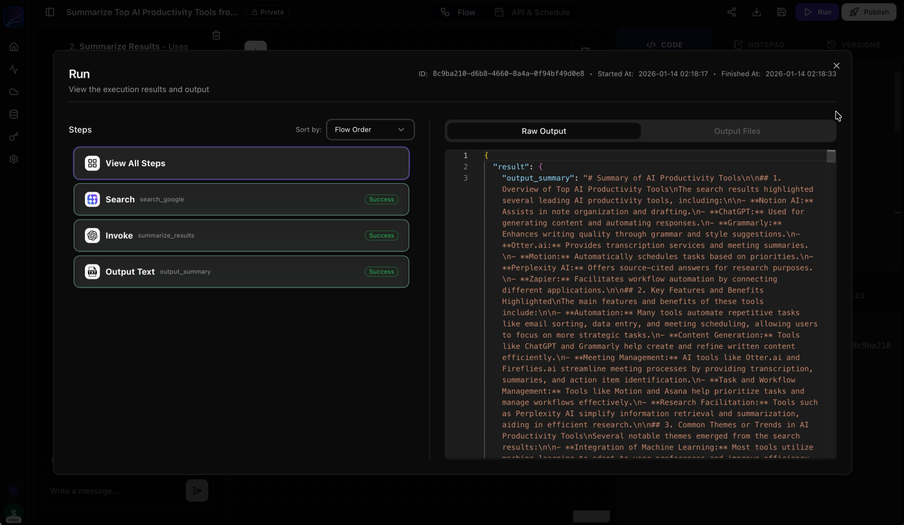 Flow execution results