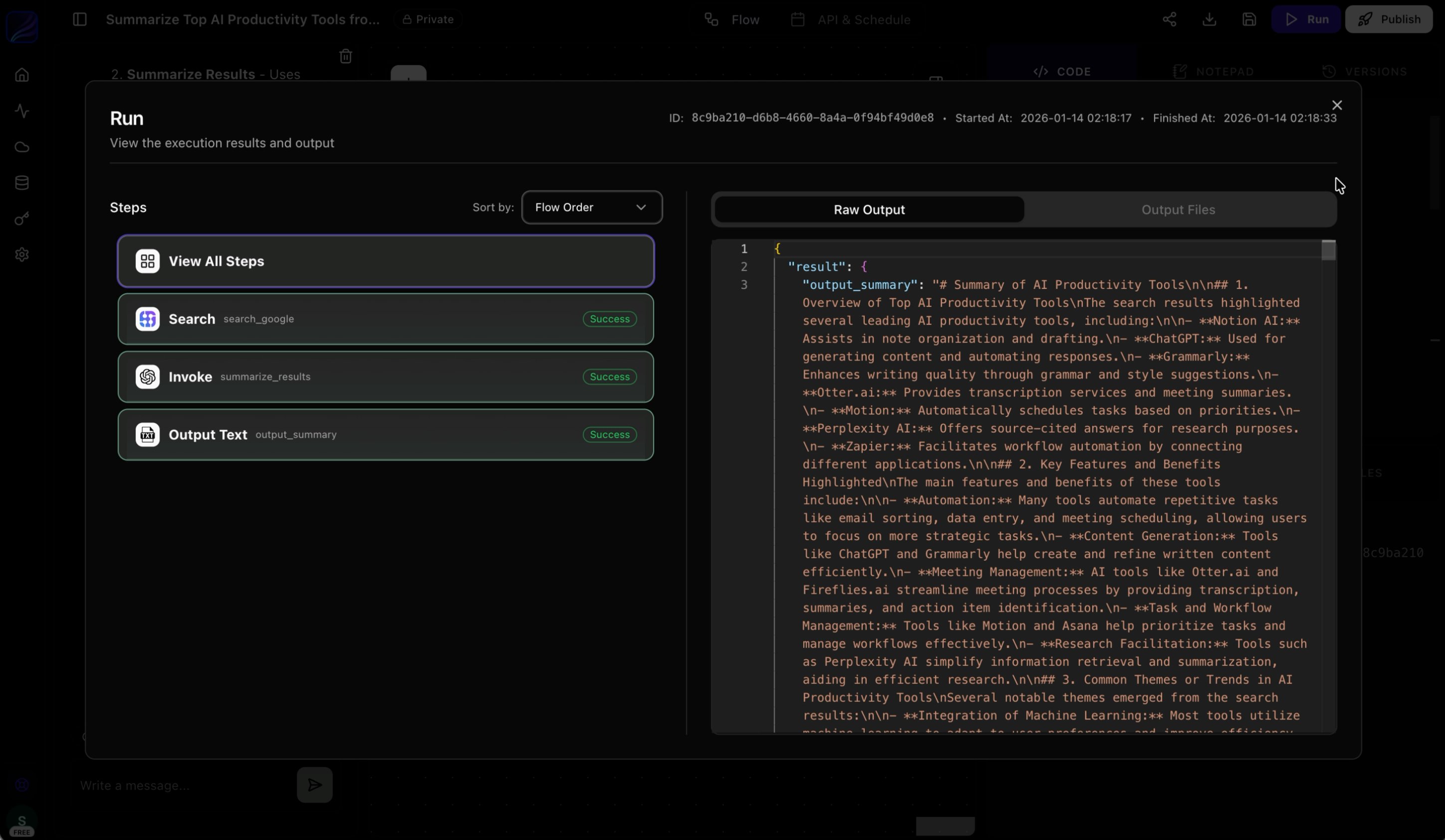 Flow execution results
