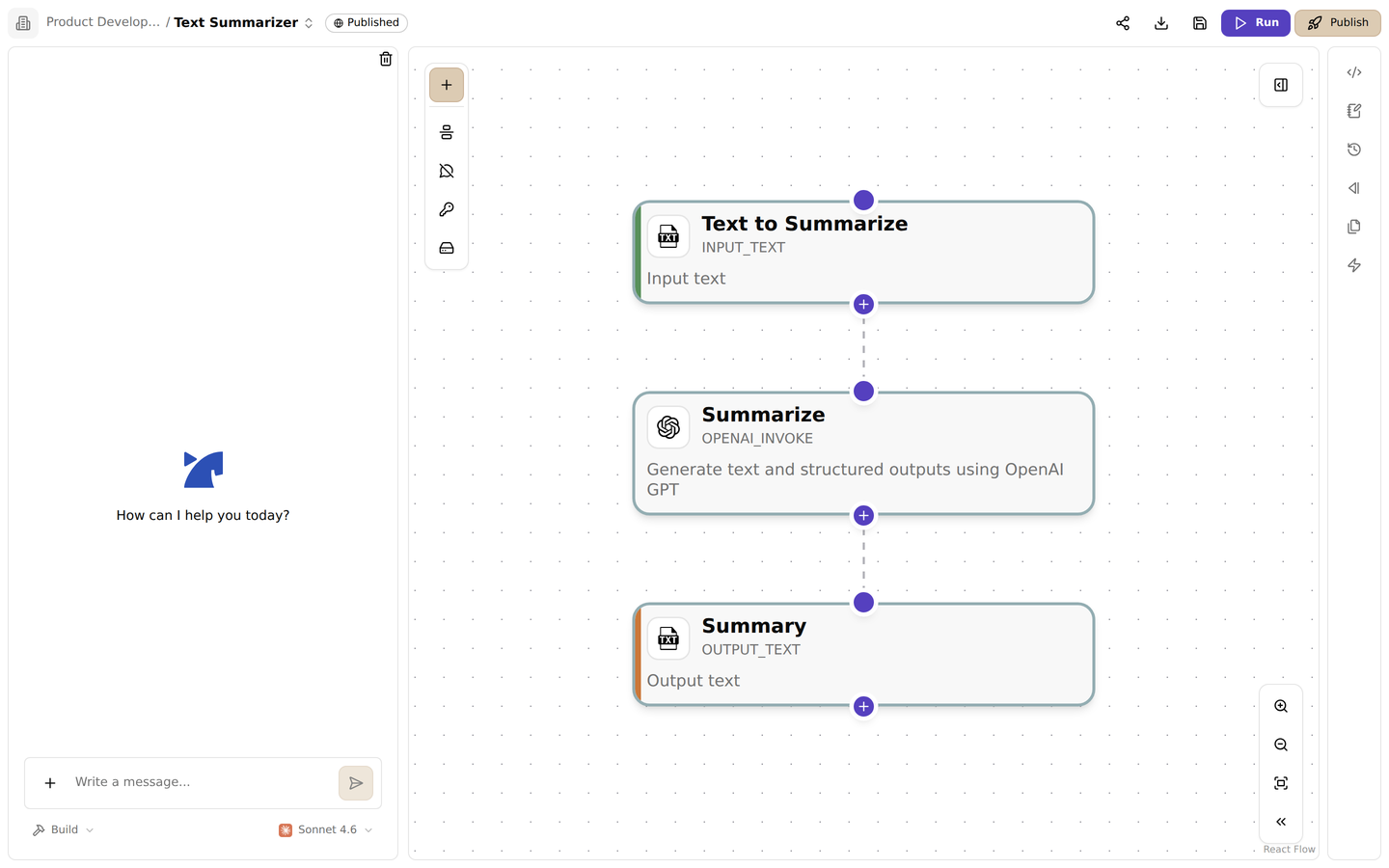 The flow editor. Edit steps visually on the canvas, and ask the AI copilot for changes in the left chat panel
