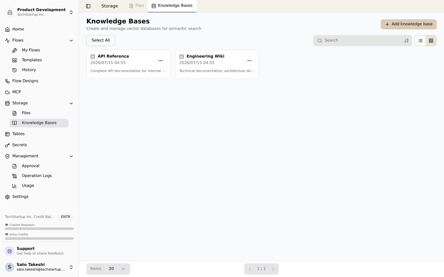 The knowledge base list. Create and manage vector databases for semantic search