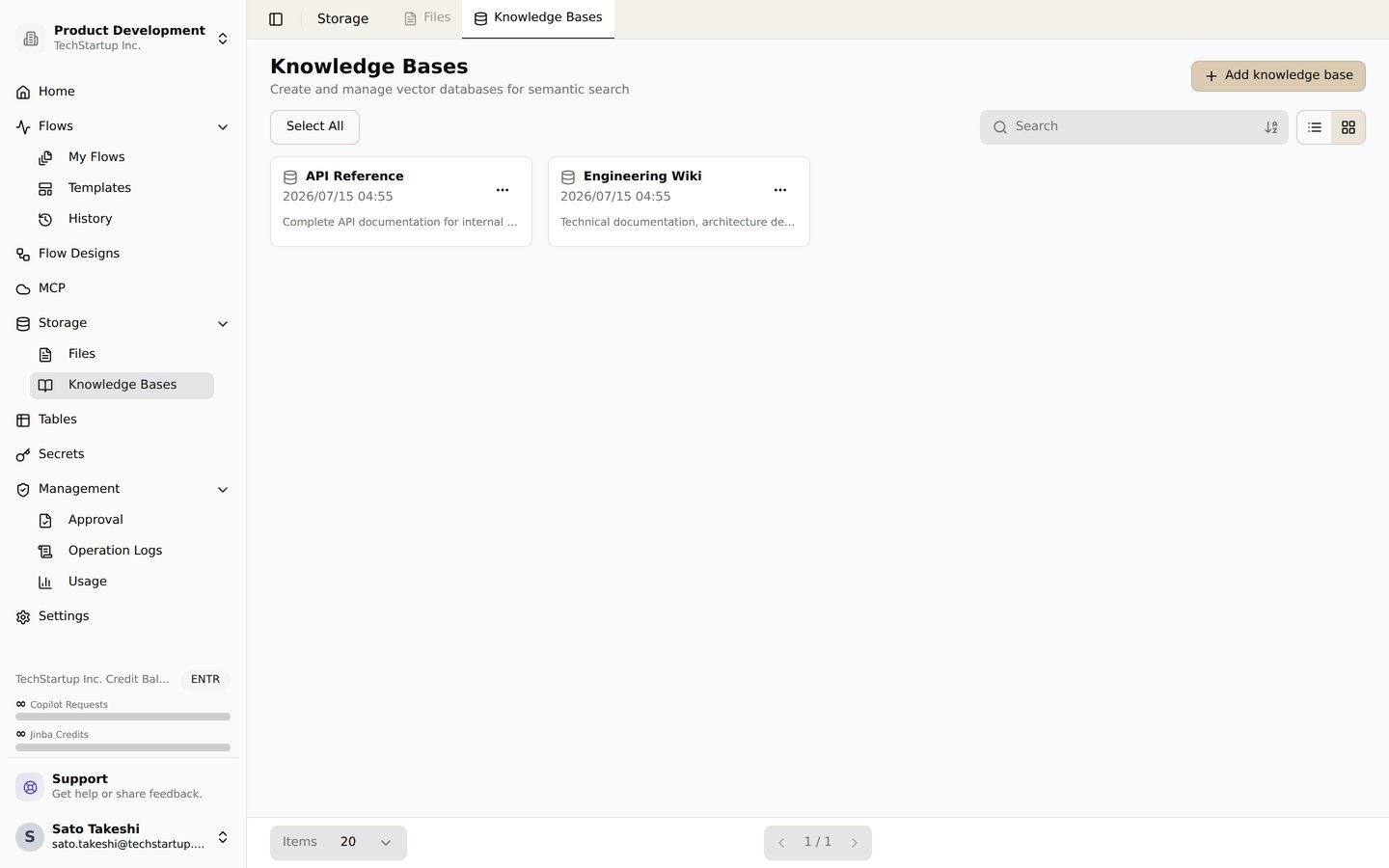 The knowledge base list. Create and manage vector databases for semantic search