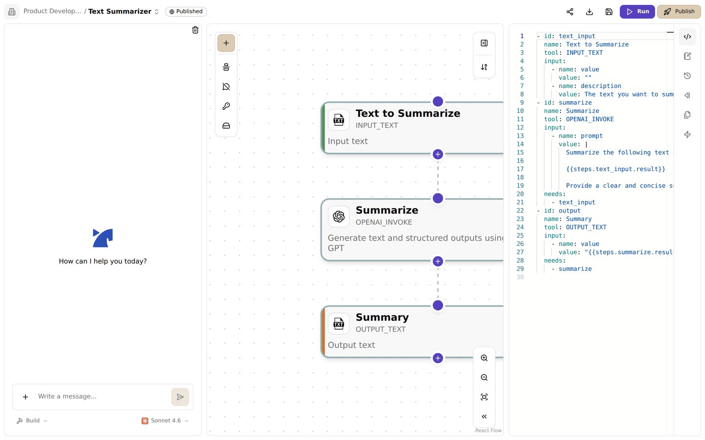 The code panel. Edit the entire flow directly as a YAML manifest