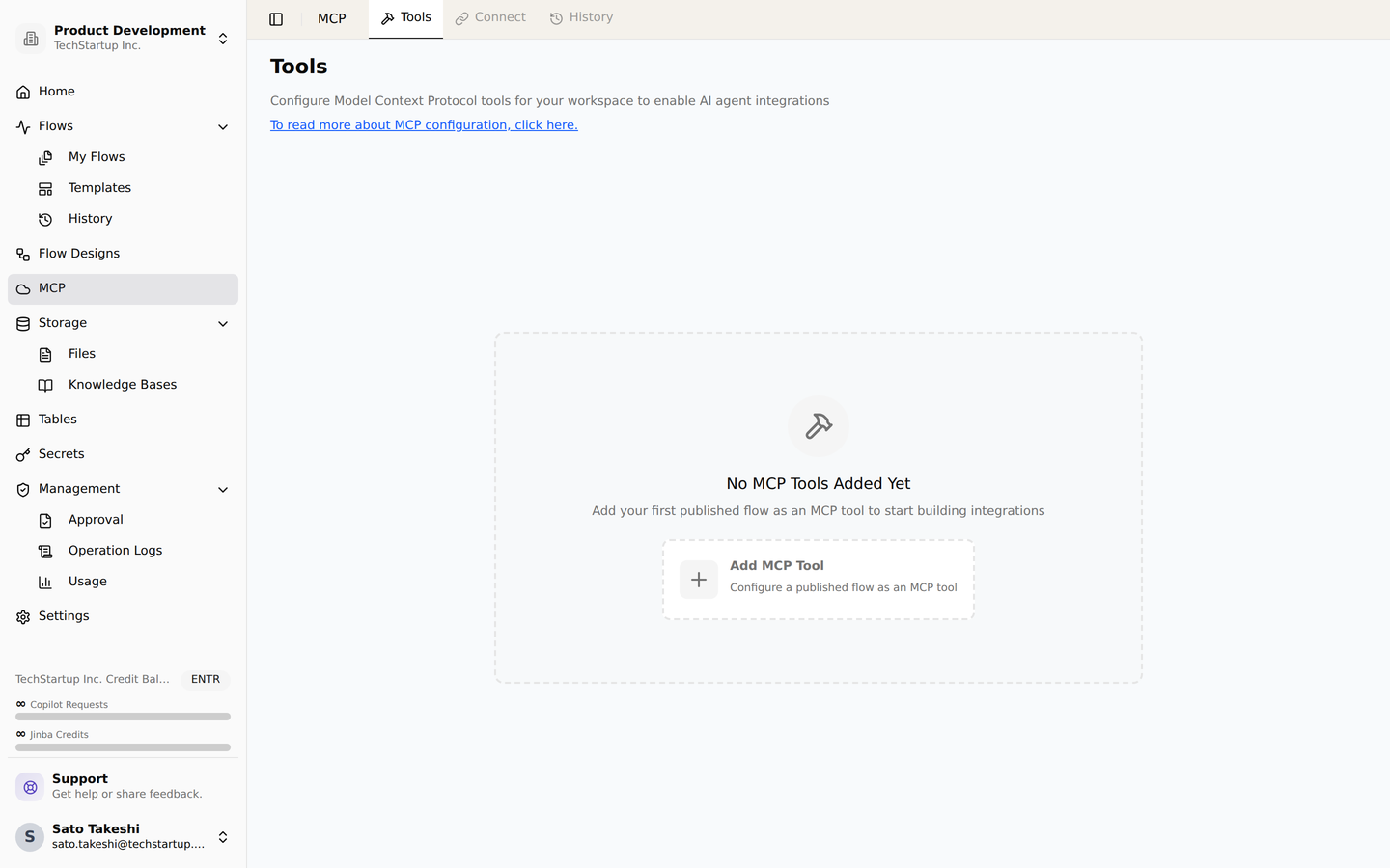 The MCP page. Add published flows in the workspace as MCP tools