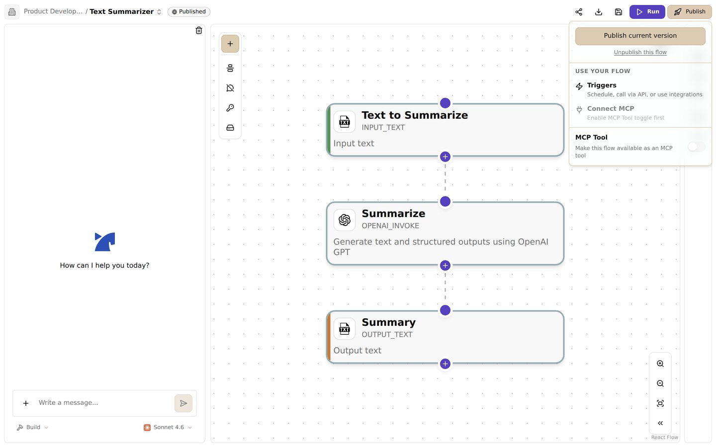 The publish menu. Publish the current version, configure triggers, or expose the flow as an MCP tool