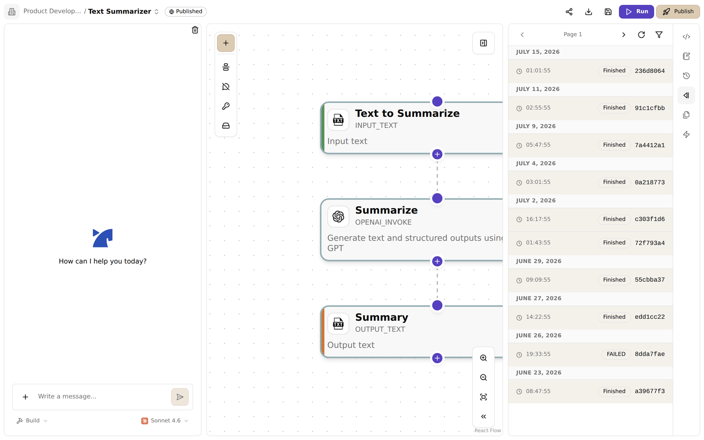 The run history panel. Check each run's status (completed/failed) and run ID