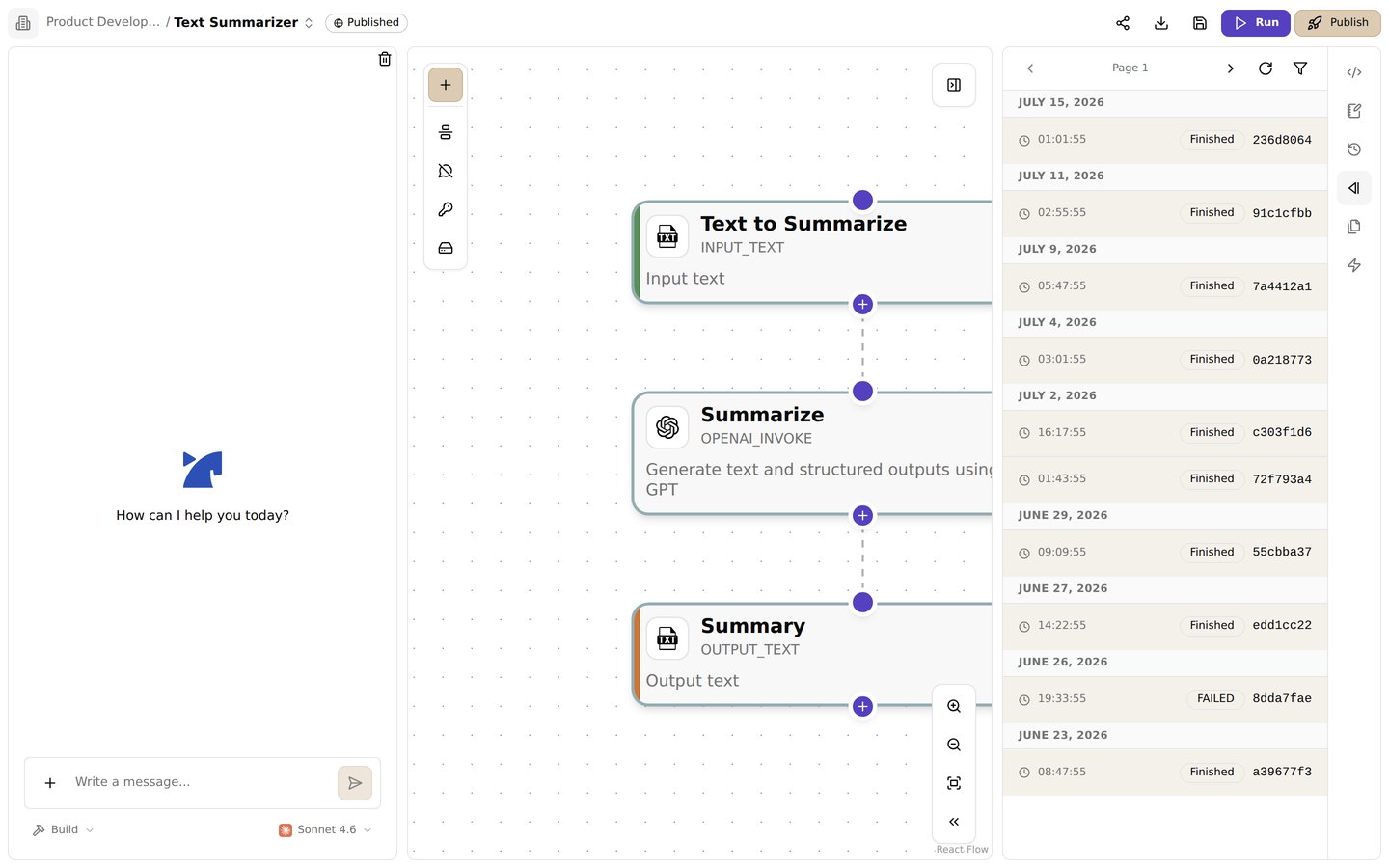 The run history panel. Check each run's status (completed/failed) and run ID