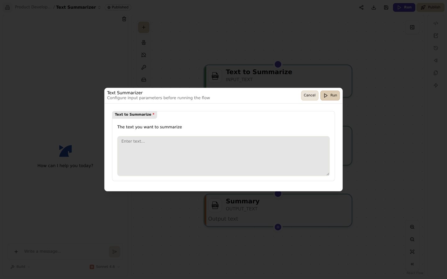 The run dialog. Set input parameters and test-run the flow
