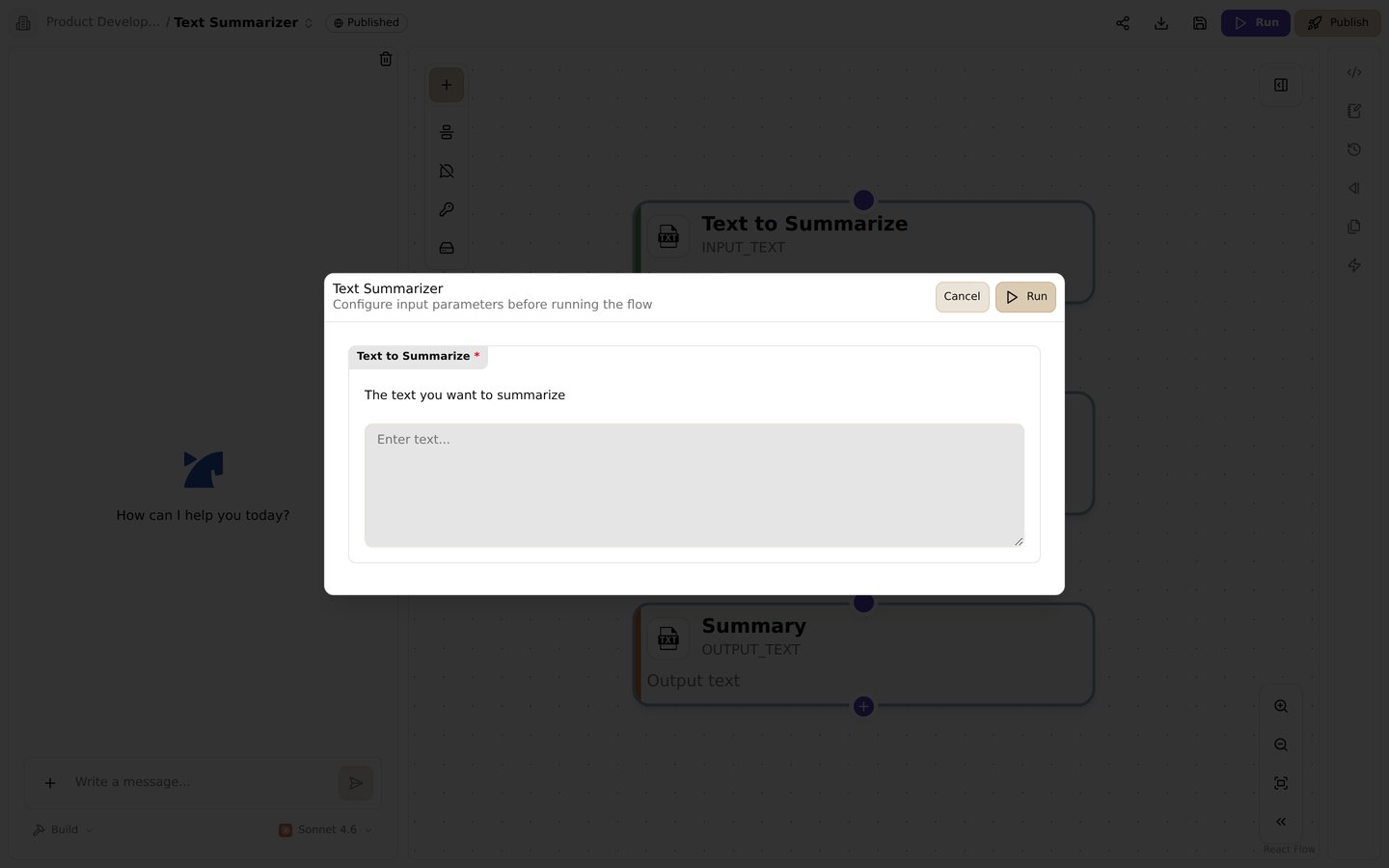 The run dialog. Set input parameters and test-run the flow