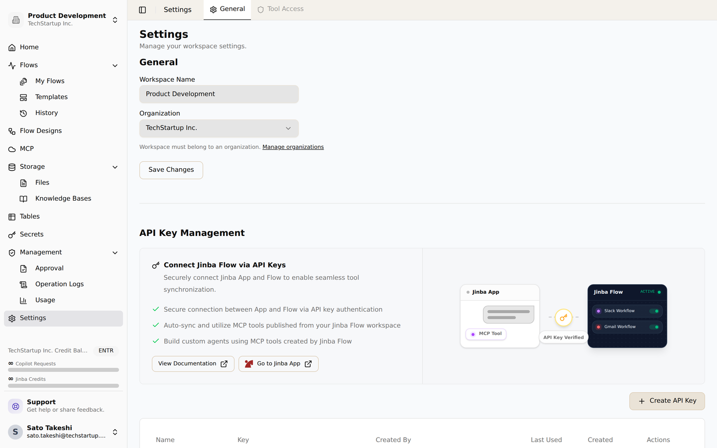 API key management in workspace settings. Issue API keys for connecting Jinba App and using MCP tools