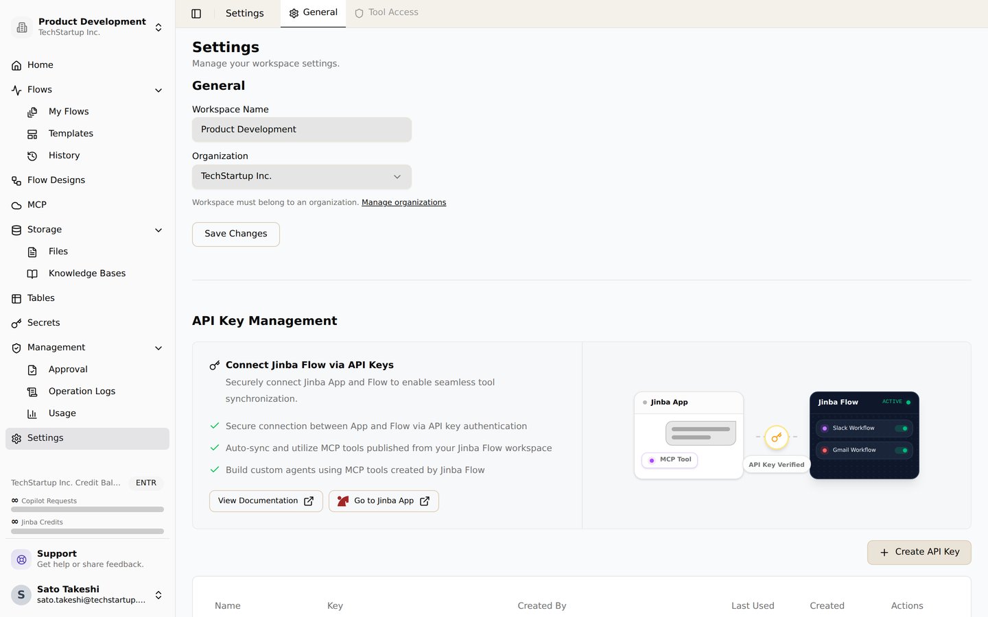 API key management in workspace settings. Issue API keys for connecting Jinba App and using MCP tools