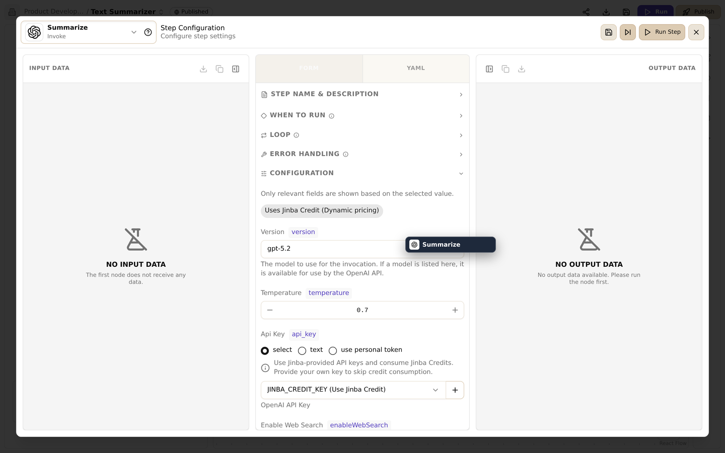The step settings screen. Switch between form/YAML, configure run conditions, loops, and error handling, and inspect input/output data