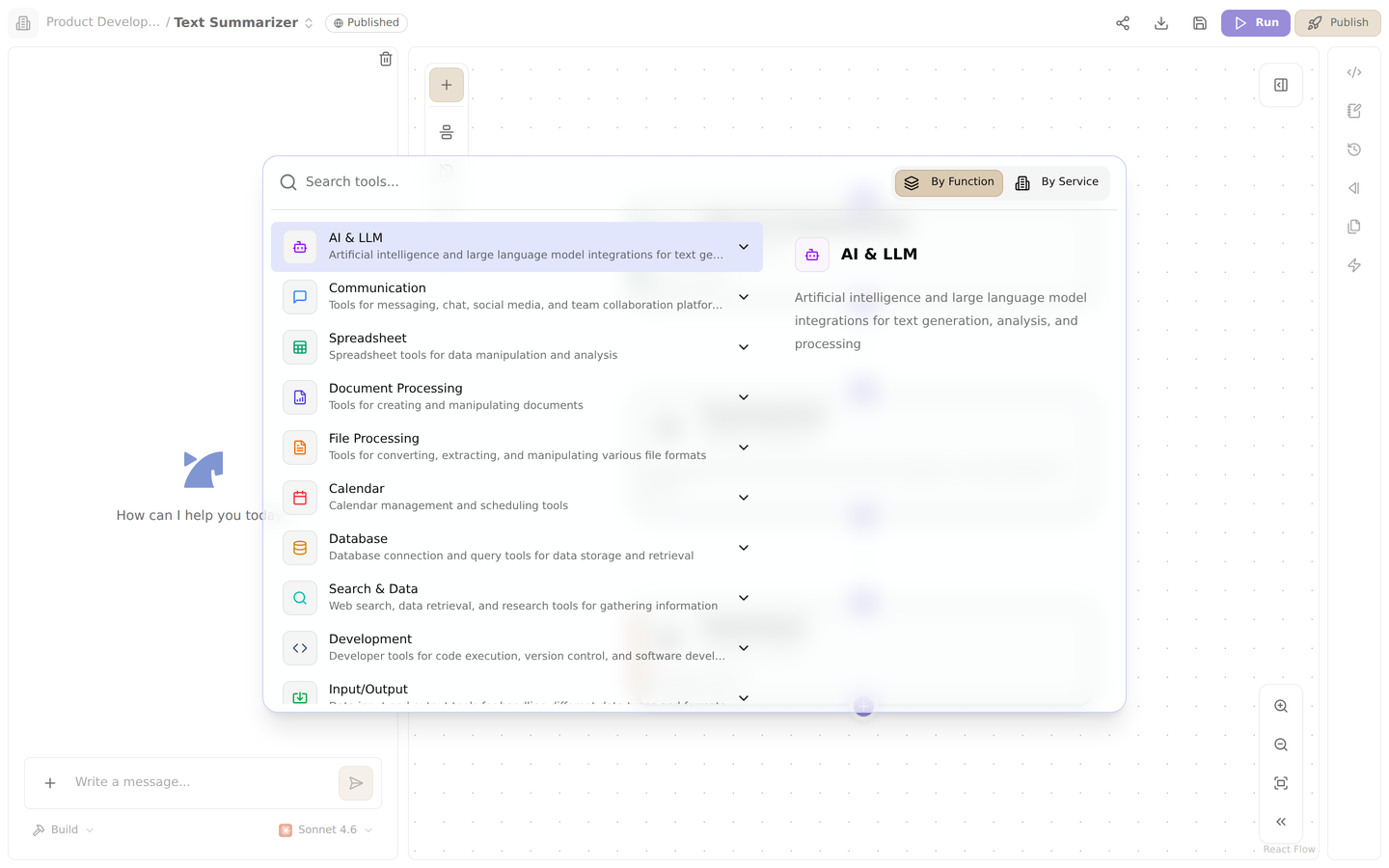 The tool palette in the flow editor. Browse tools by function or by service