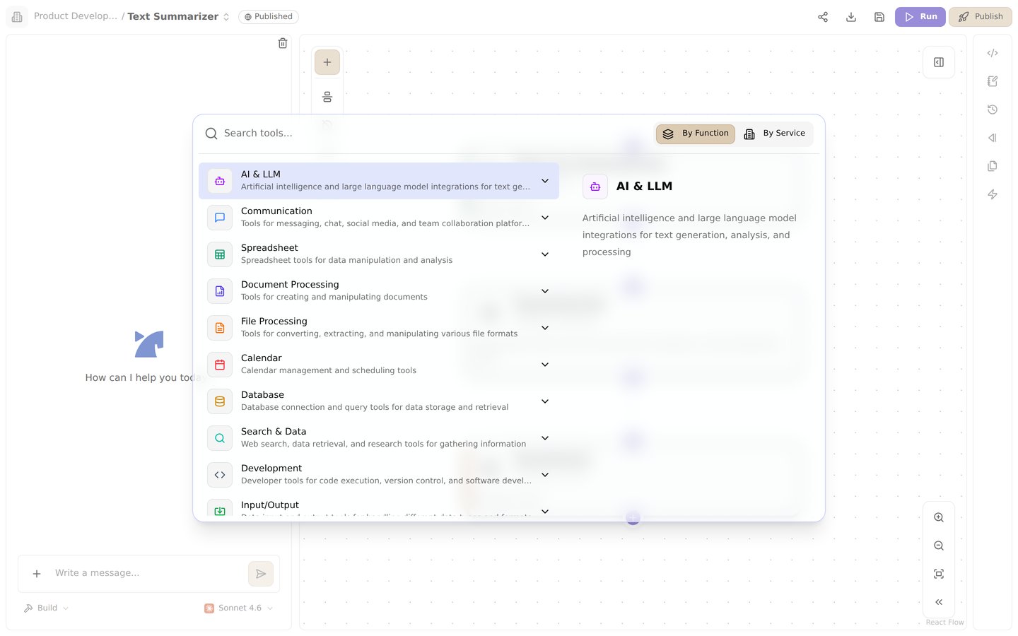 The tool palette in the flow editor. Browse tools by function or by service
