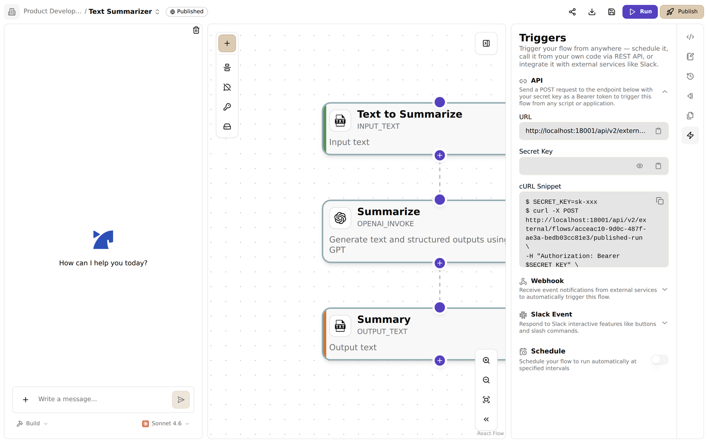 The triggers panel. Find the endpoint URL, secret key, and a ready-to-use cURL snippet