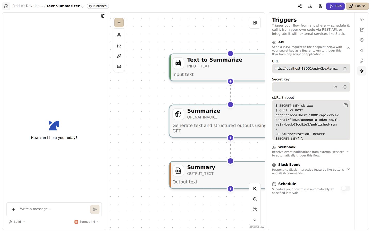 The triggers panel. Find the endpoint URL, secret key, and a ready-to-use cURL snippet