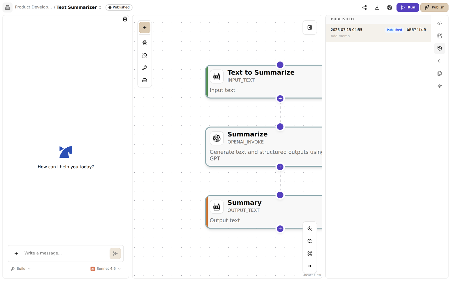 The versions panel. Review the history of published versions
