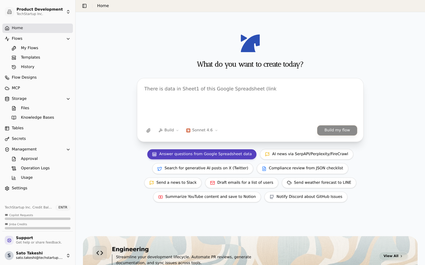 The workspace home. Create flows in natural language, and access flows, storage, secrets, and admin features from the sidebar