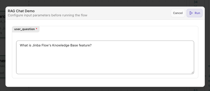 Run dialog with test question