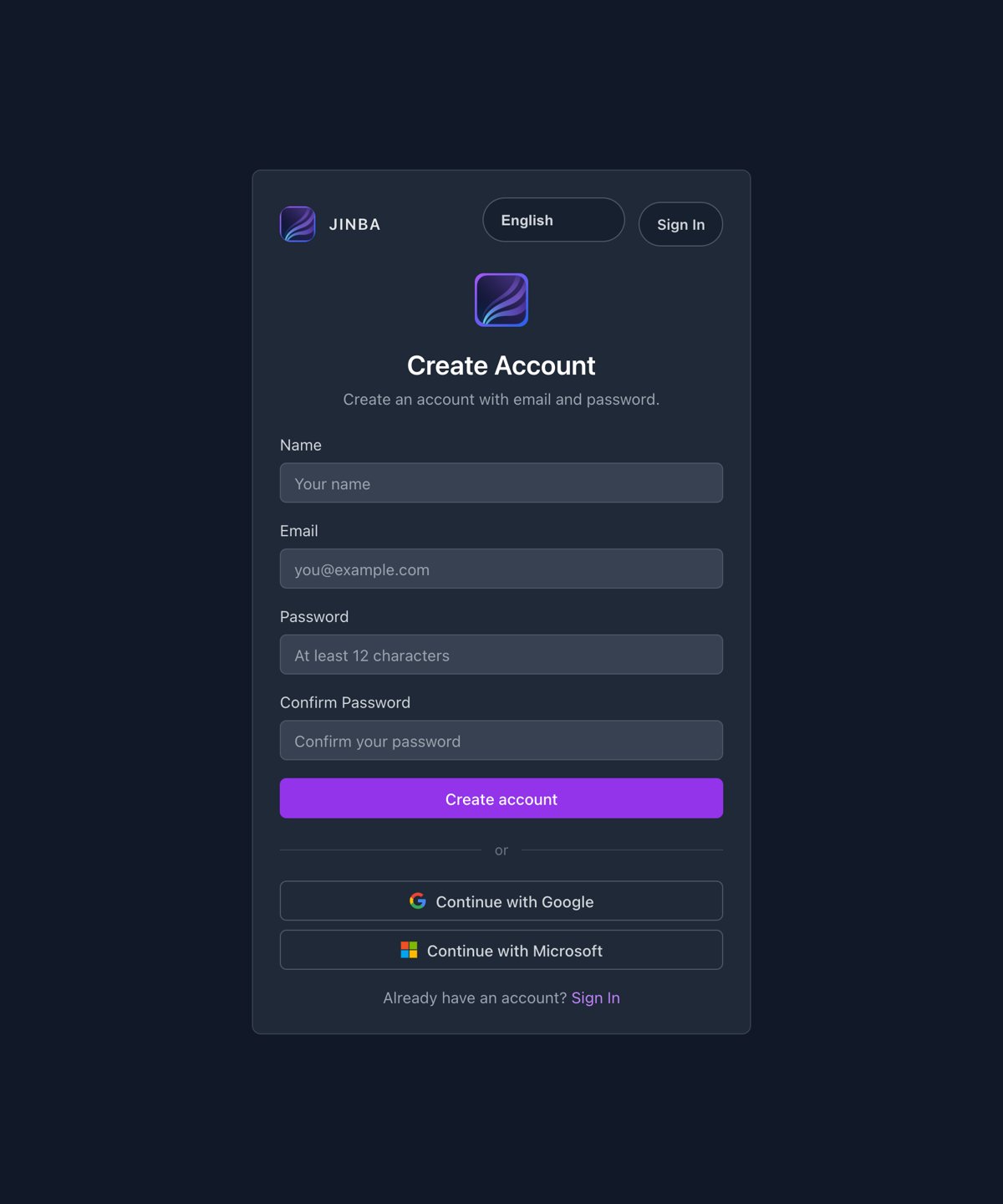 JinbaAuth Create Account screen