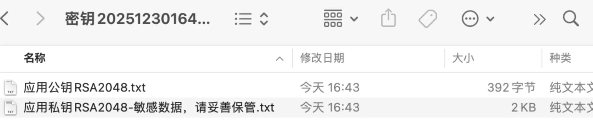 PC|本地文件管理器|「密钥20251230164...」文件夹内显示两个TXT文件:「应用公钥RSA2048.txt」(392字节)和「应用私钥RSA2048-敏感数据,请妥善保管.txt」(2KB),文件修改时间均为今天16:43