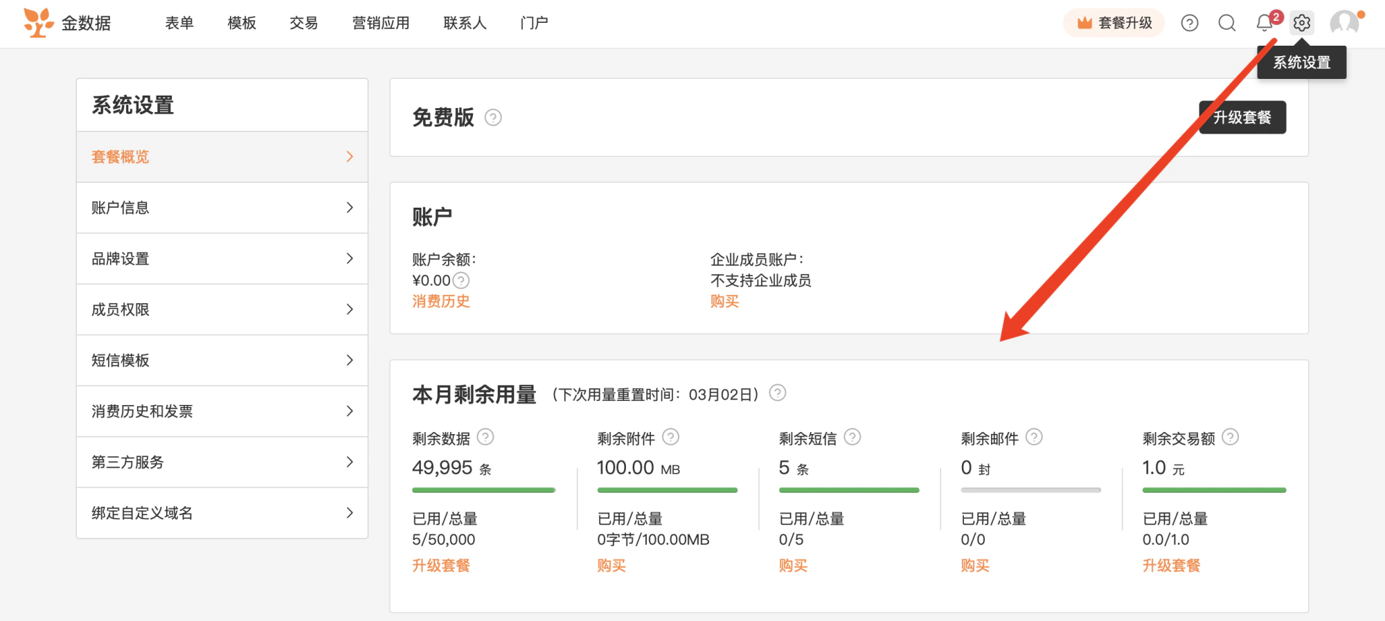 PC|表单设置|系统设置页面套餐概览区域,显示附件容量使用情况和剩余用量,可查看当前套餐的附件配额和已使用量,超限时表单不可填写