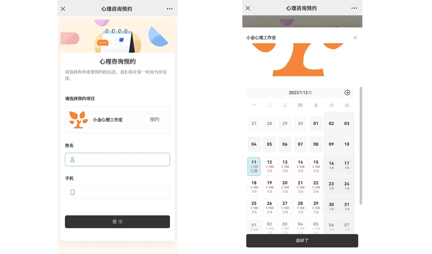 App|预约表单|左侧填写界面,右侧日历选择,12月11日已选中
