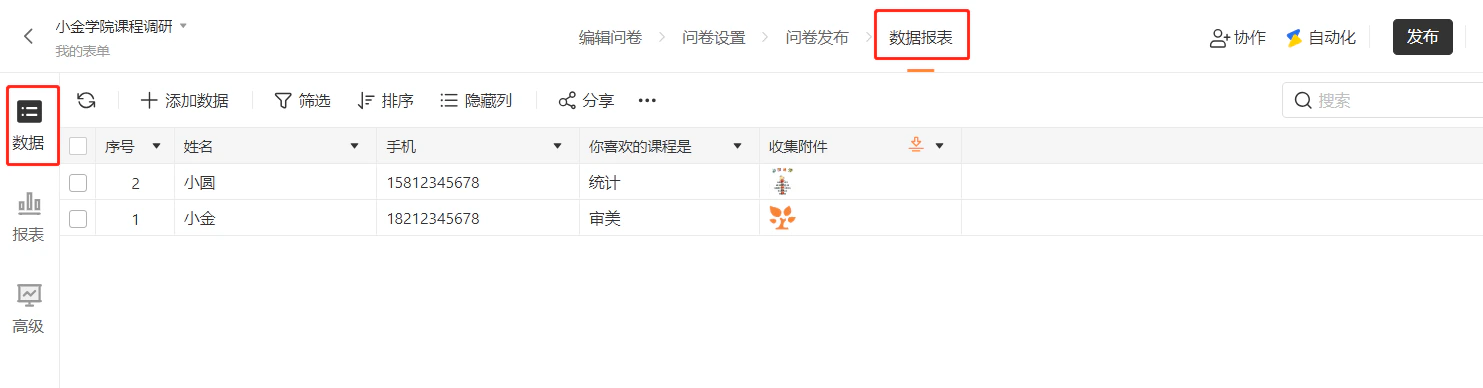PC|数据|数据列表页面显示姓名手机等字段和「添加数据」「筛选」「排序」按钮