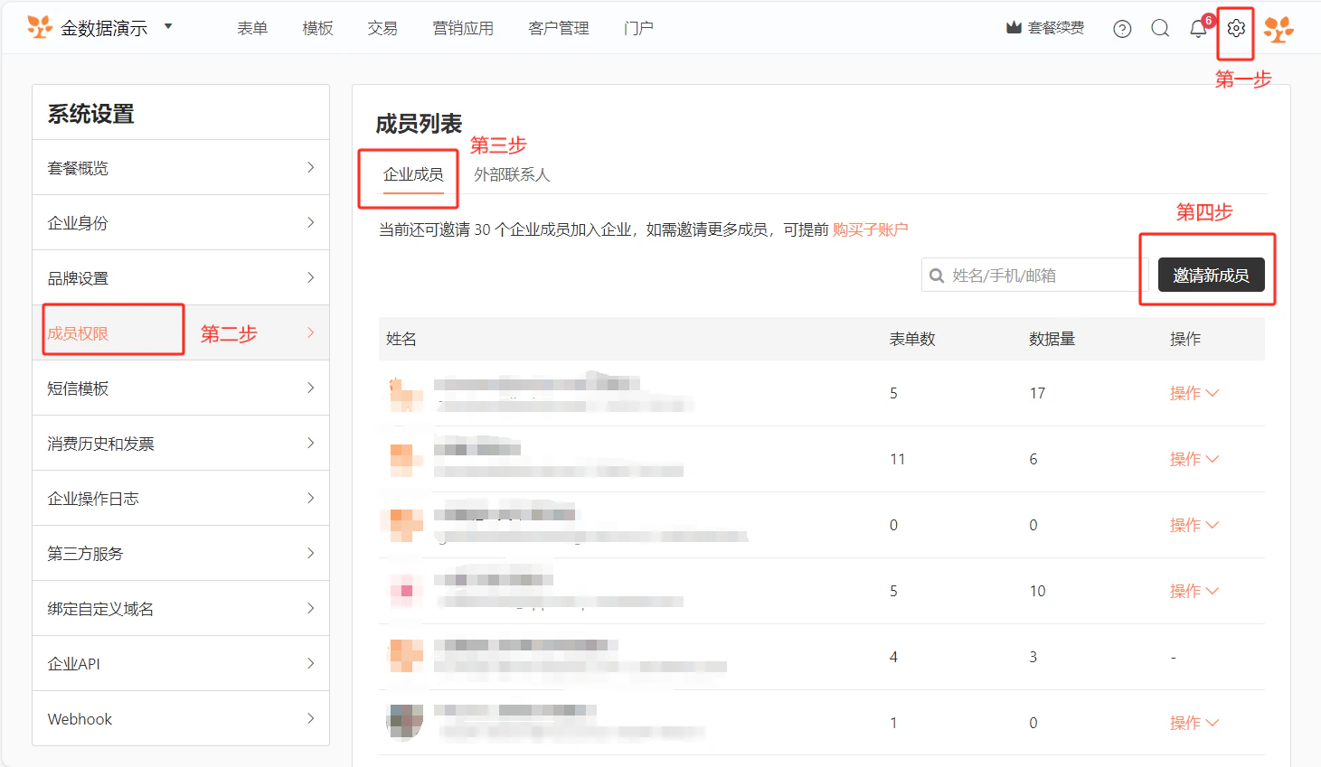 PC|成员权限|「系统设置——成员权限——企业成员」页面点击「邀请新成员」按钮