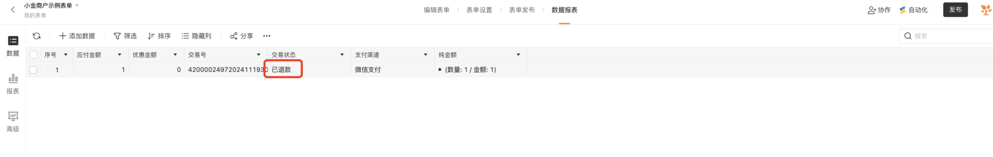 PC|数据|表单数据报表页面显示订单交易状态为「已退款」支付渠道为微信支付