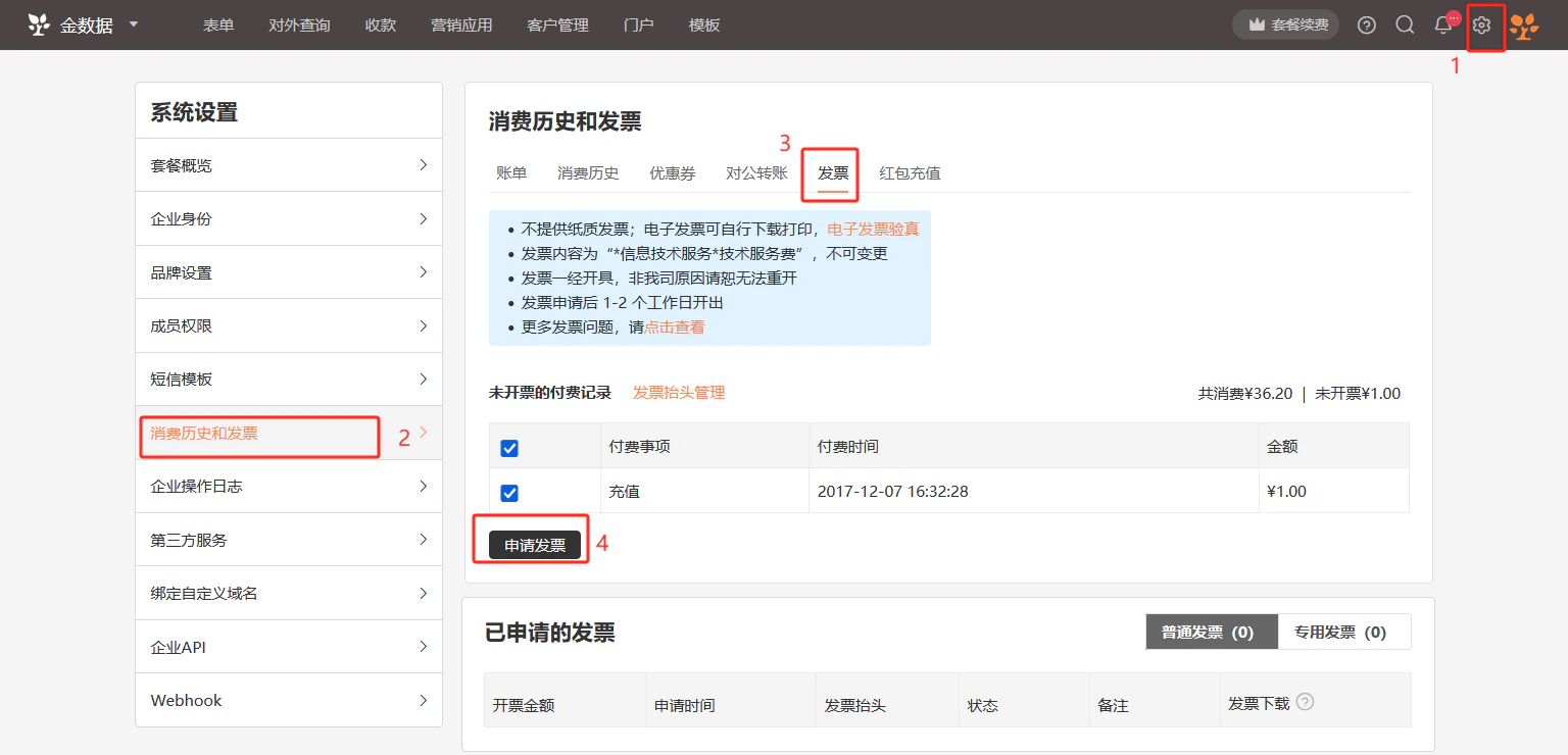 PC|套餐|系统设置消费历史和发票页面,顶部显示消费历史优惠券对公转账「发票」红包充值标签页,当前高亮发票标签,显示未开票的付费记录消费总额¥36.20未开票¥1.00,下方显示「申请发票」按钮和已申请的发票表格