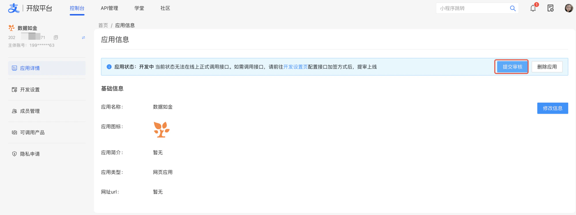 PC|支付宝开放平台|「数据如金」应用信息页面,顶部提示「应用状态:开发中」,右侧有「提交审核」「删除应用」按钮,下方显示应用名称、应用图标、应用类型(网页应用)等基础信息