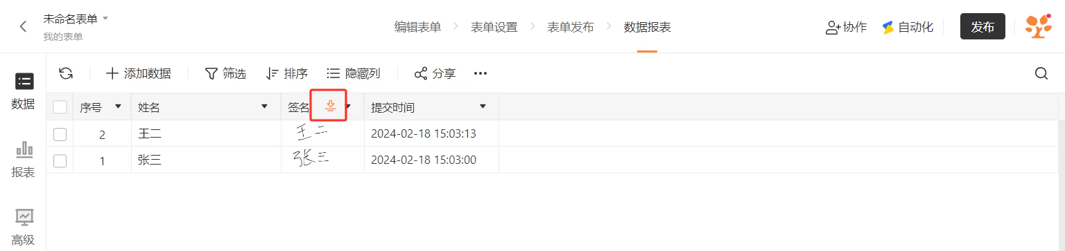 PC|数据|数据报表界面,顶部显示编辑表单表单设置表单发布「数据报表」导航,数据表格包含序号姓名「签名」提交时间四列,显示王二张三及其签名和提交时间两条数据,签名列标题旁显示橙色下载图标,左侧显示数据报表高级等模块入口,顶部显示添加数据筛选排序隐藏列分享等功能按钮