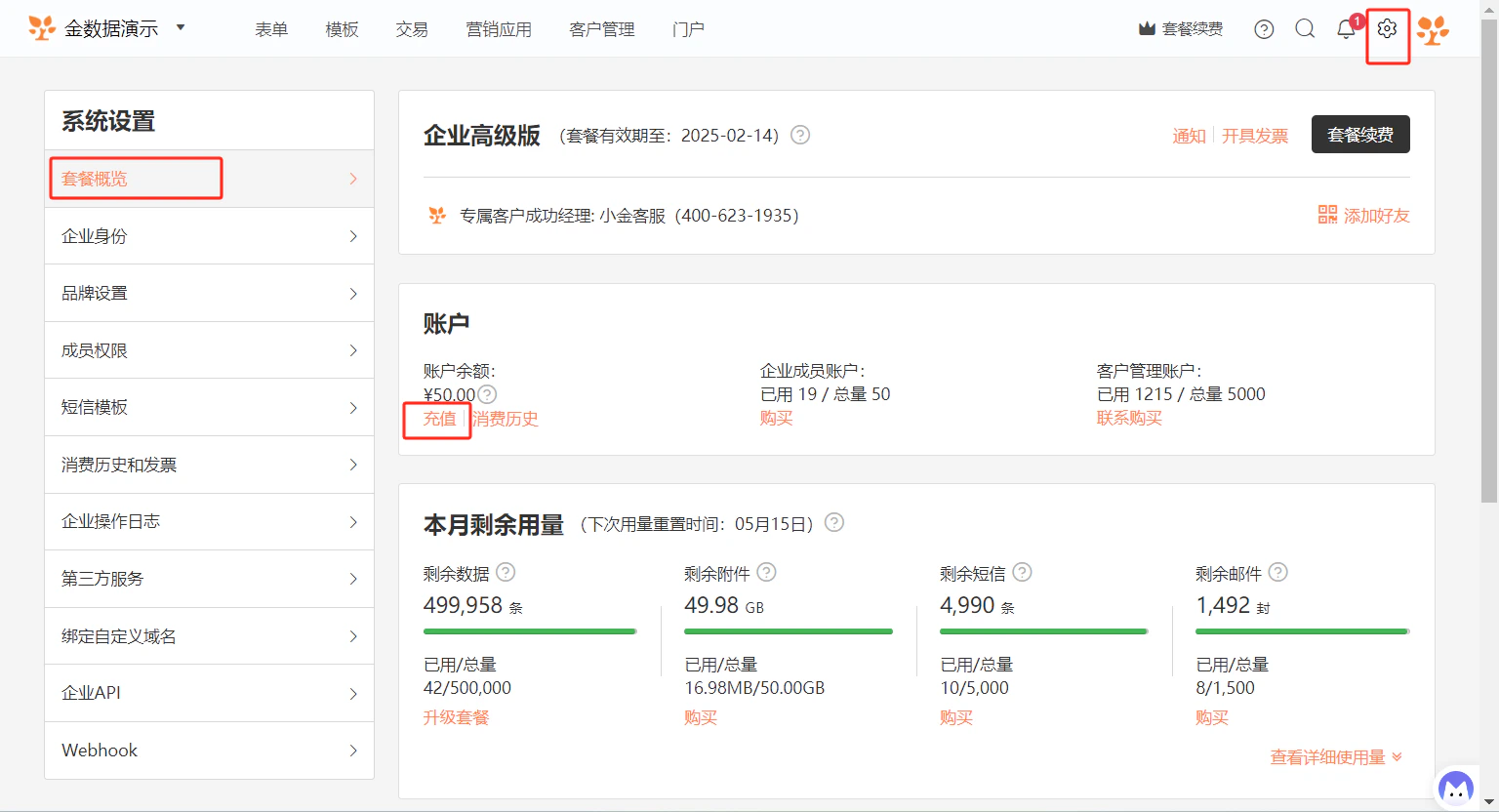 PC|套餐|系统设置套餐概览页面,显示当前套餐「企业高级版」有效期至2025-02-14,账户余额¥50.00,本月剩余用量区域显示下次用量重置时间05月15日,列出剩余数据499958条剩余附件49.98GB剩余短信4990条剩余邮件1492封等信息