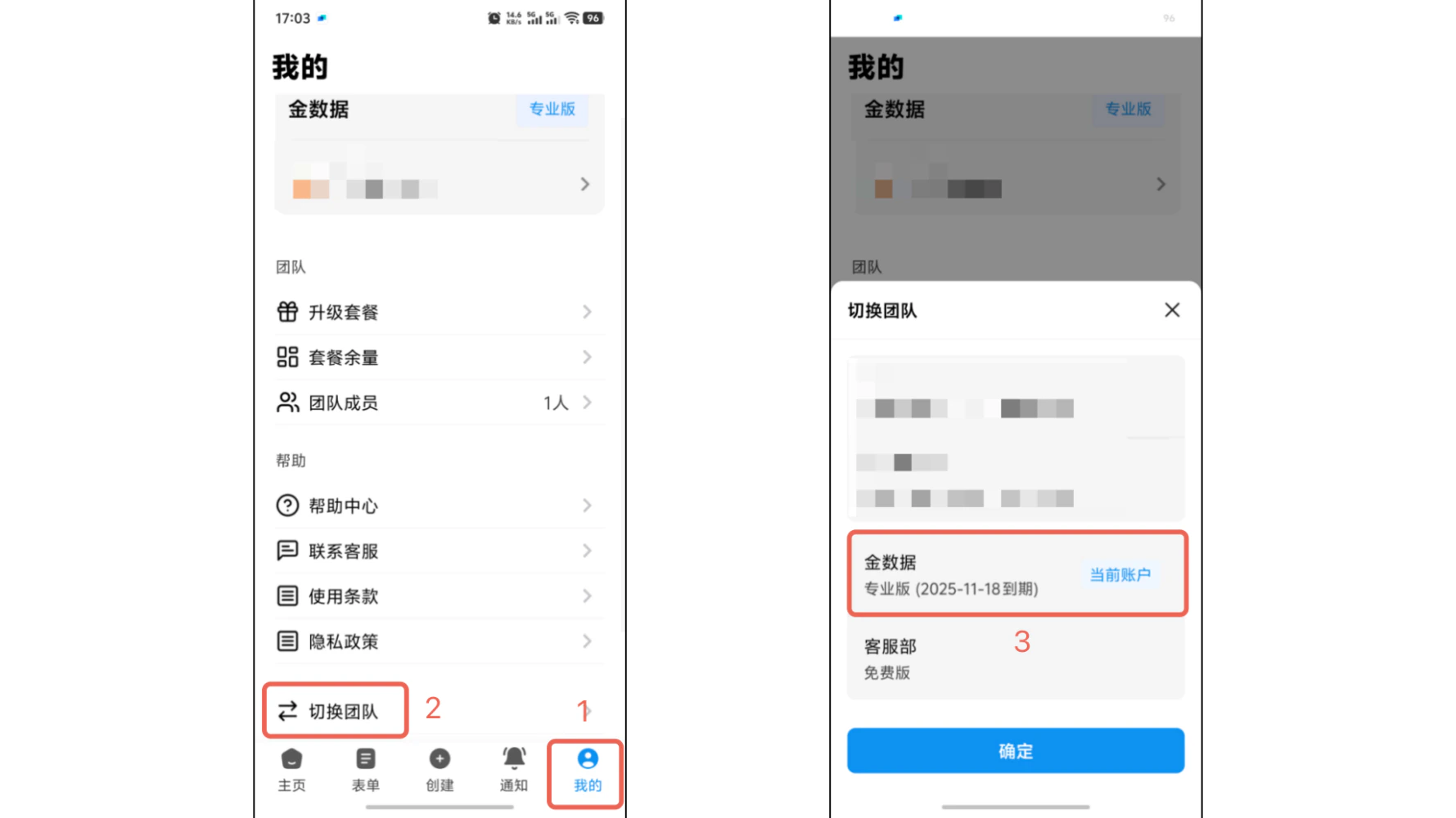 App|个人信息|我的页面,底部导航栏包含「主页」「表单」「创建」「通知」「我的」当前选中「我的」蓝色高亮,顶部显示团队名称及当前套餐「专业版」蓝色标签,页面下方显示「升级套餐」「套餐余量」「团队成员」「帮助中心」「联系客服」「使用条款」「隐私政策」等功能按钮,「切换团队」按钮位于页面底部,团队切换弹窗显示团队列表,当前团队「金数据」下方显示「专业版(2025-11-18到期)」套餐有效期以括号形式展示并显示「当前账户」标识