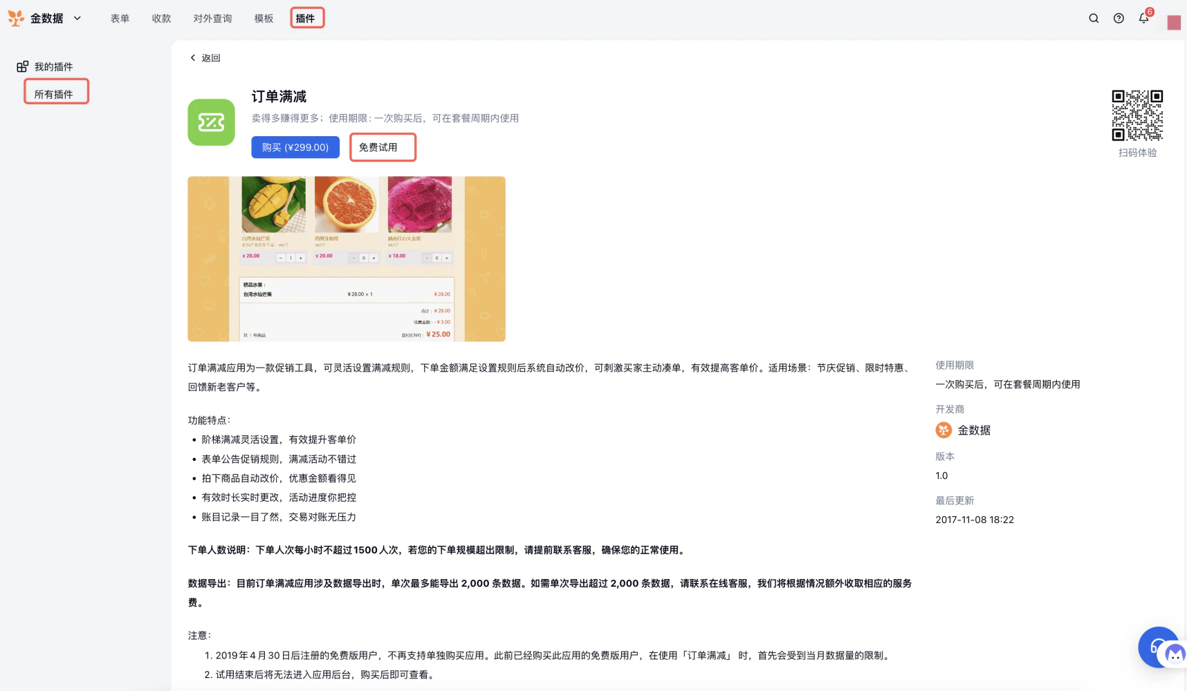 PC|插件详情|订单满减插件详情页,顶部导航栏包含表单收款对外查询模板「插件」等模块当前处于「插件」页面,左侧显示「我的插件」「所有插件」按钮当前选中「所有插件」,主内容区显示插件名称「订单满减」副标题「卖得多赚得更多;使用期限:一次购买后可在套餐周期内使用」,显示「购买(¥299.00)」「免费试用」两个按钮,插件介绍图展示水果商品订单金额优惠金额最终支付金额等界面元素,右侧显示二维码提示「扫码体验」,功能说明包含阶梯满减灵活设置表单公告促销规则拍下商品自动改价有效时长实时更改账目记录一目了然等五项,规则说明包含下单人数限制数据导出限制免费版用户限制试用结束后无法进入后台等内容