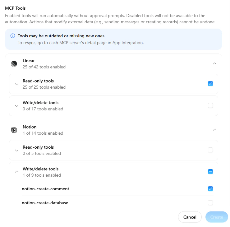 MCP tool selection in Automation job