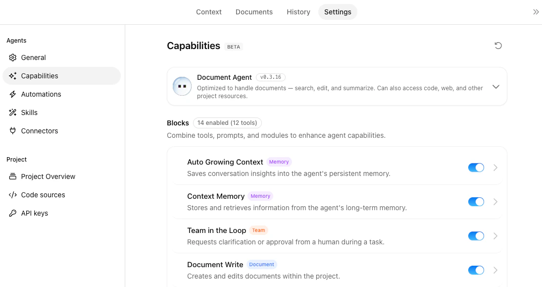 Team in the Loop block enabled on the agent Capabilities page