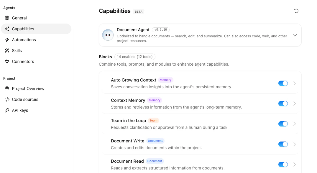 Capabilities page showing the workflow preset card at the top and a list of toggleable blocks