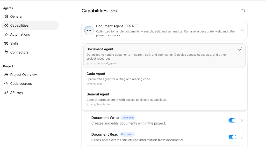 Workflow preset picker expanded to show alternative presets such as Document Agent, Code Agent, and General Agent