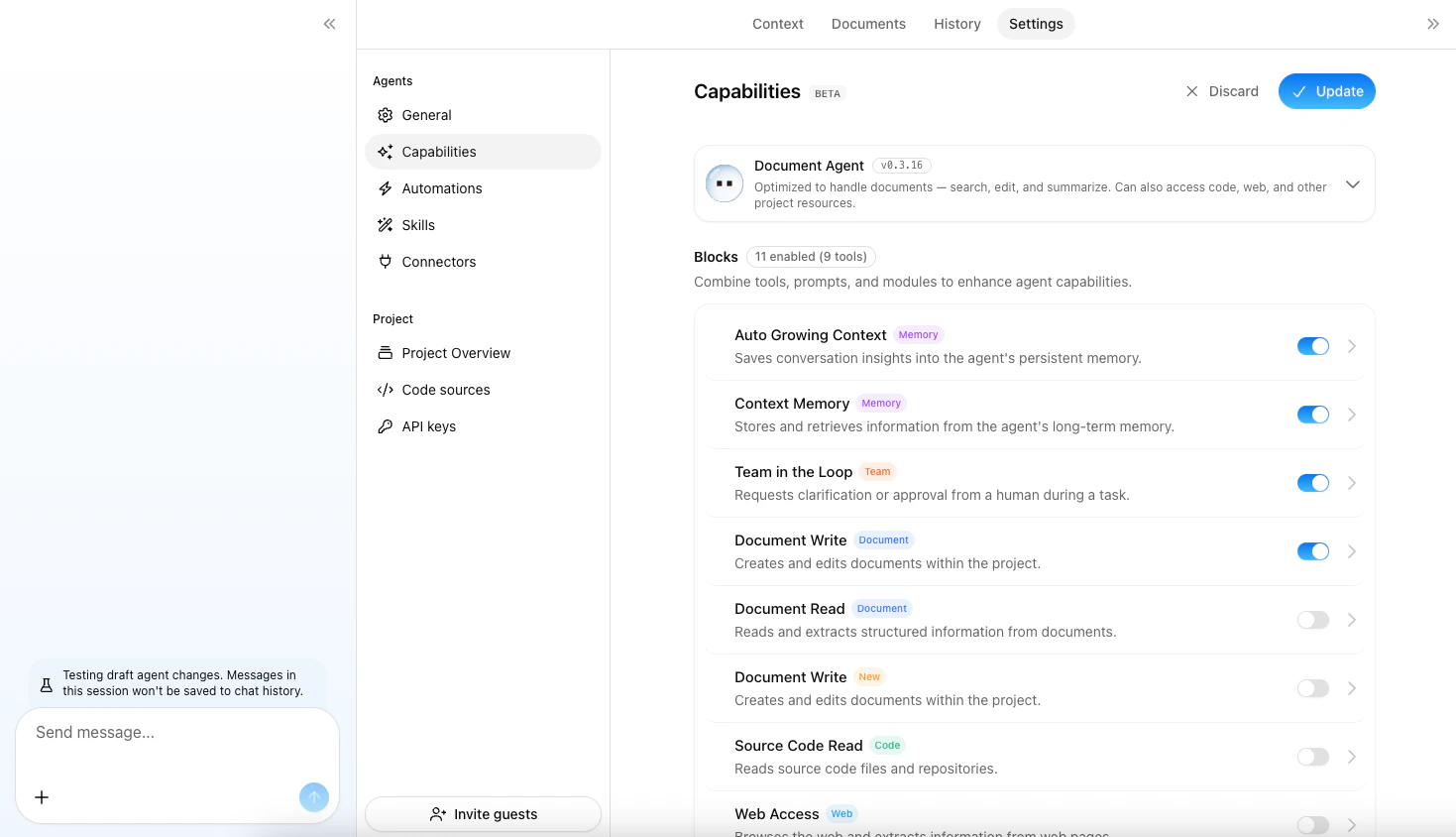 Sticky header showing Discard and Update buttons when there are unsaved changes