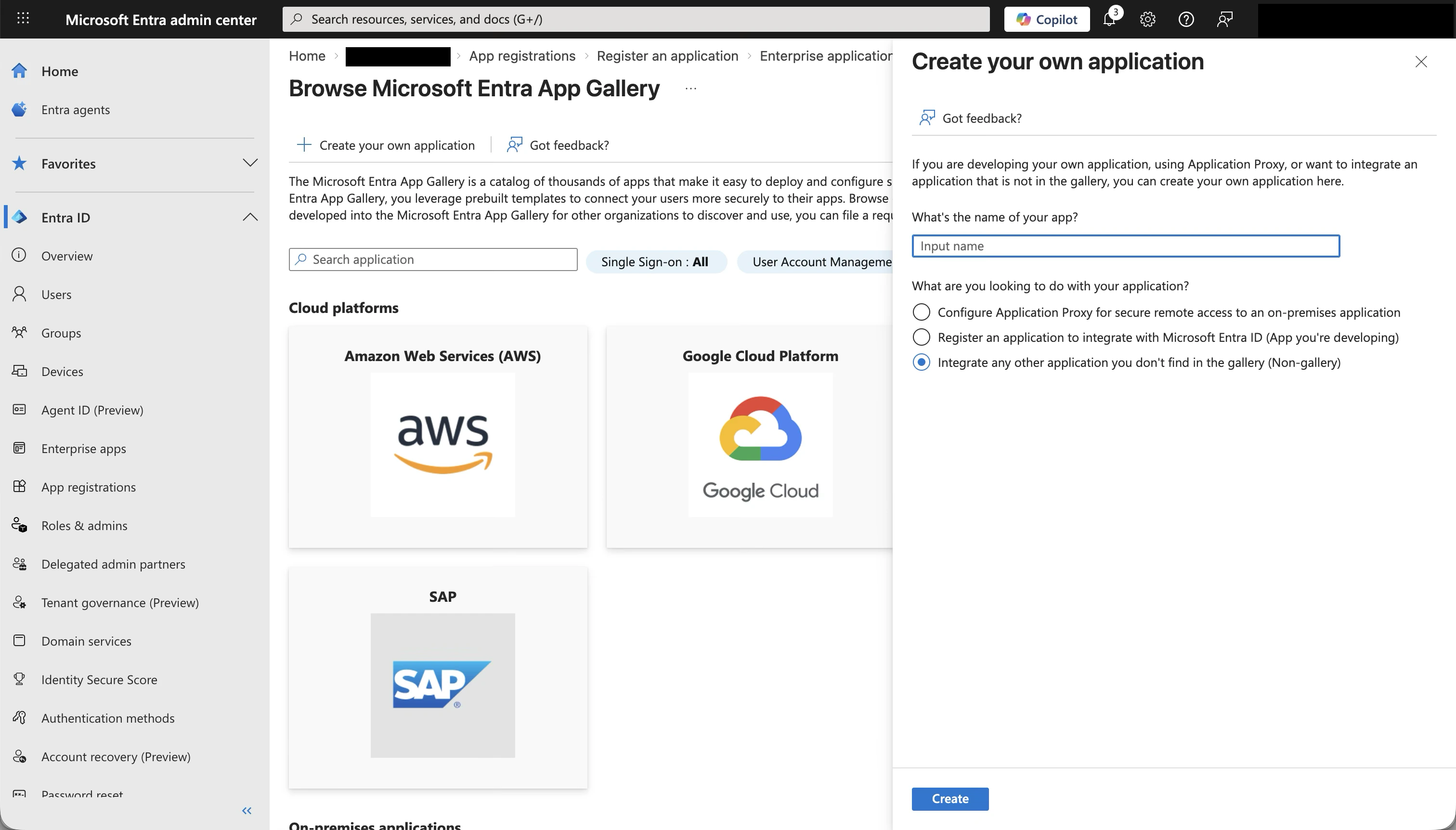 Create your own applicationダイアログ