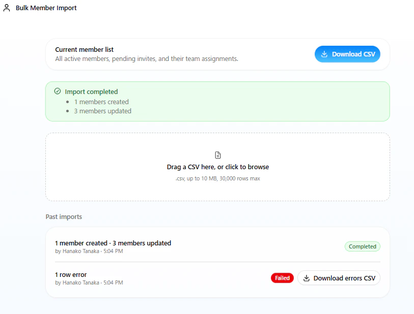 Bulk Member Import page