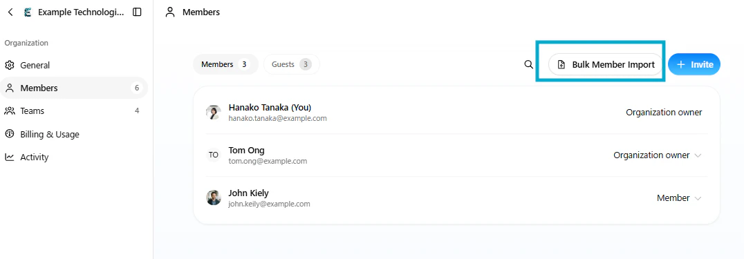 Organization Members page with Bulk Member Import