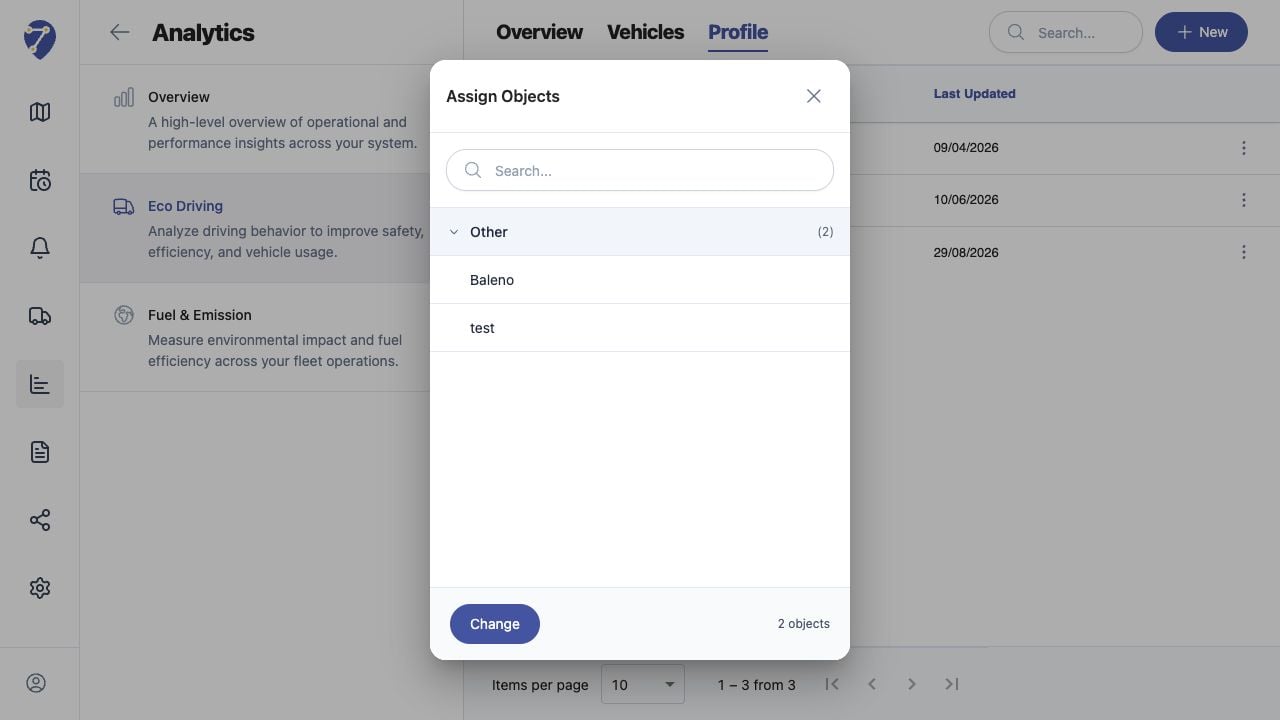 Assigning Objects to an Eco Driving Profile in Jitra staging