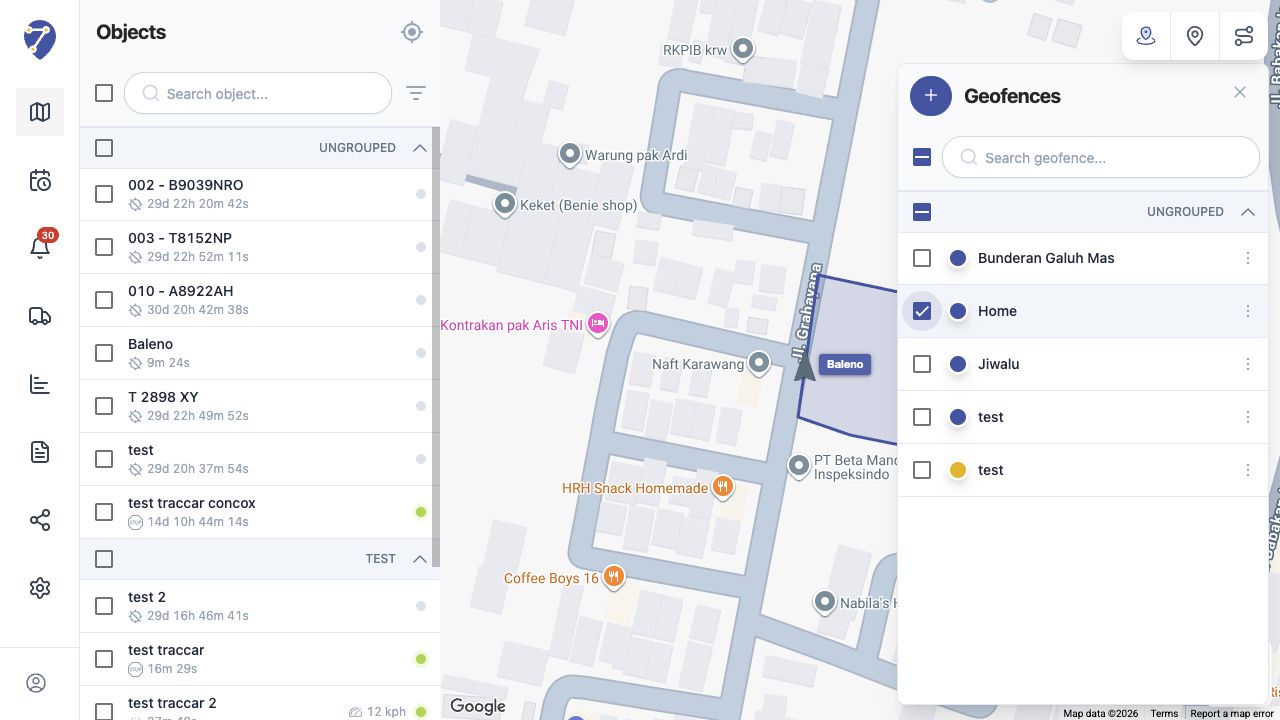 Tampilan Menampilkan Geofence pada Tracking di Jitra staging