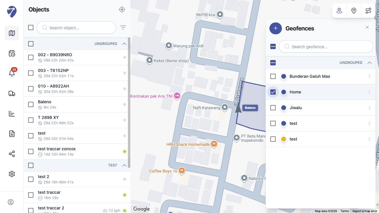 Tampilan Menampilkan Geofence pada Tracking di Jitra staging