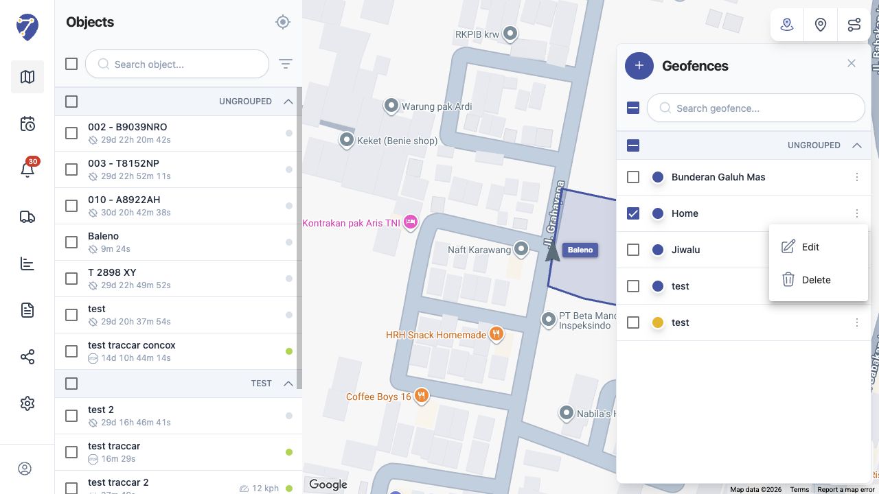 Tampilan Mengedit dan Menghapus Geofence di Jitra staging